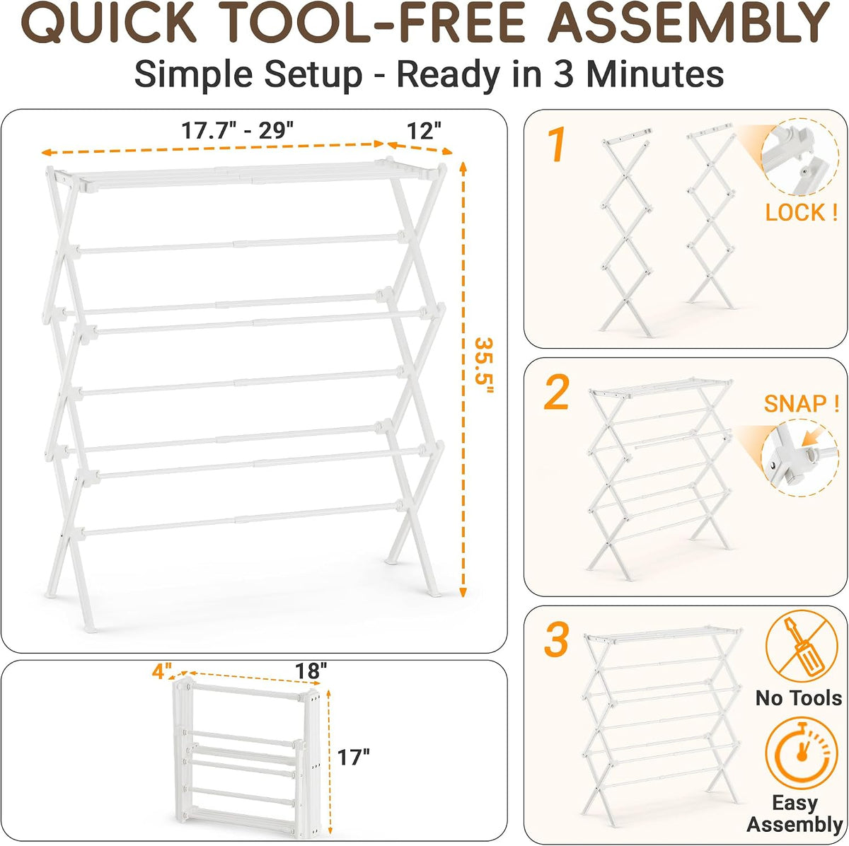 Foldable Clothes Drying Rack, Reinforced Joints, White