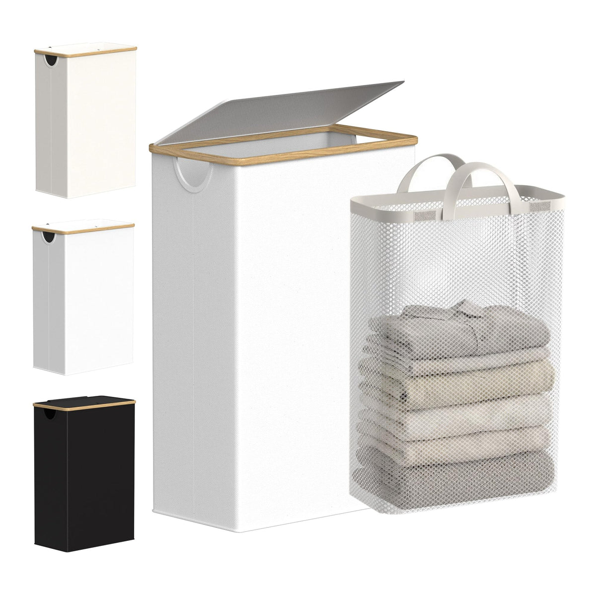 efluky Slim Laundry Basket with Lid, Narrow Laundry Hamper with Removable Bag, Skinny Dirty Clothes Basket with Bamboo Handles for Bathroom, Bedroom & Laundry Room, 75L Beige