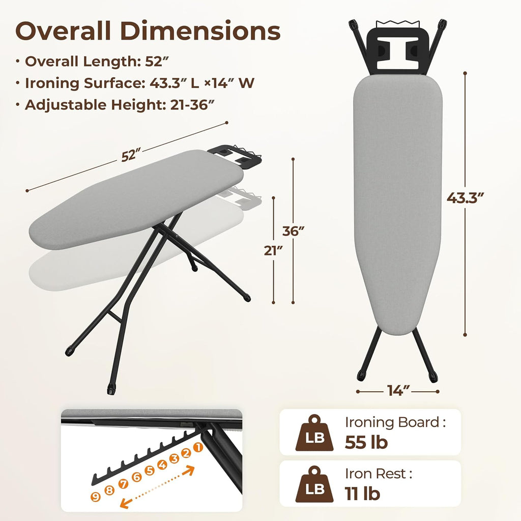 Yaheetech Ironing Board 43"x14" with Heavy Duty Iron Rest, Foldable, Gray