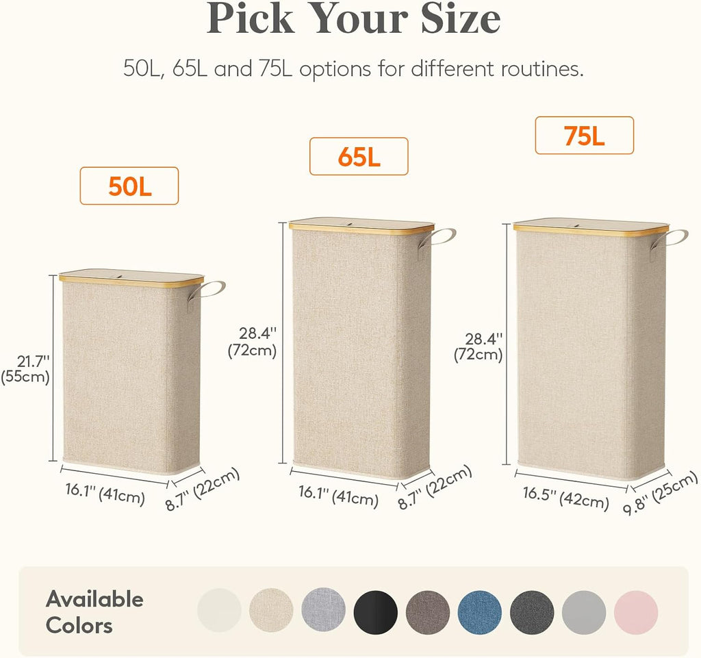 Lifewit 65L Slim Laundry Hamper with Lid and Removable Bag, Beige