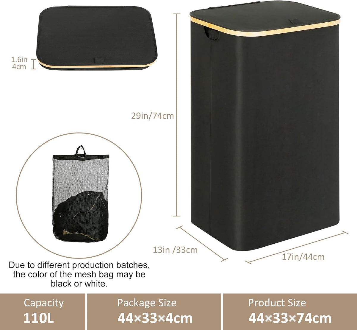 IEGrow Laundry Hamper with Lid,110L Laundry Basket with Mesh Bags,Black