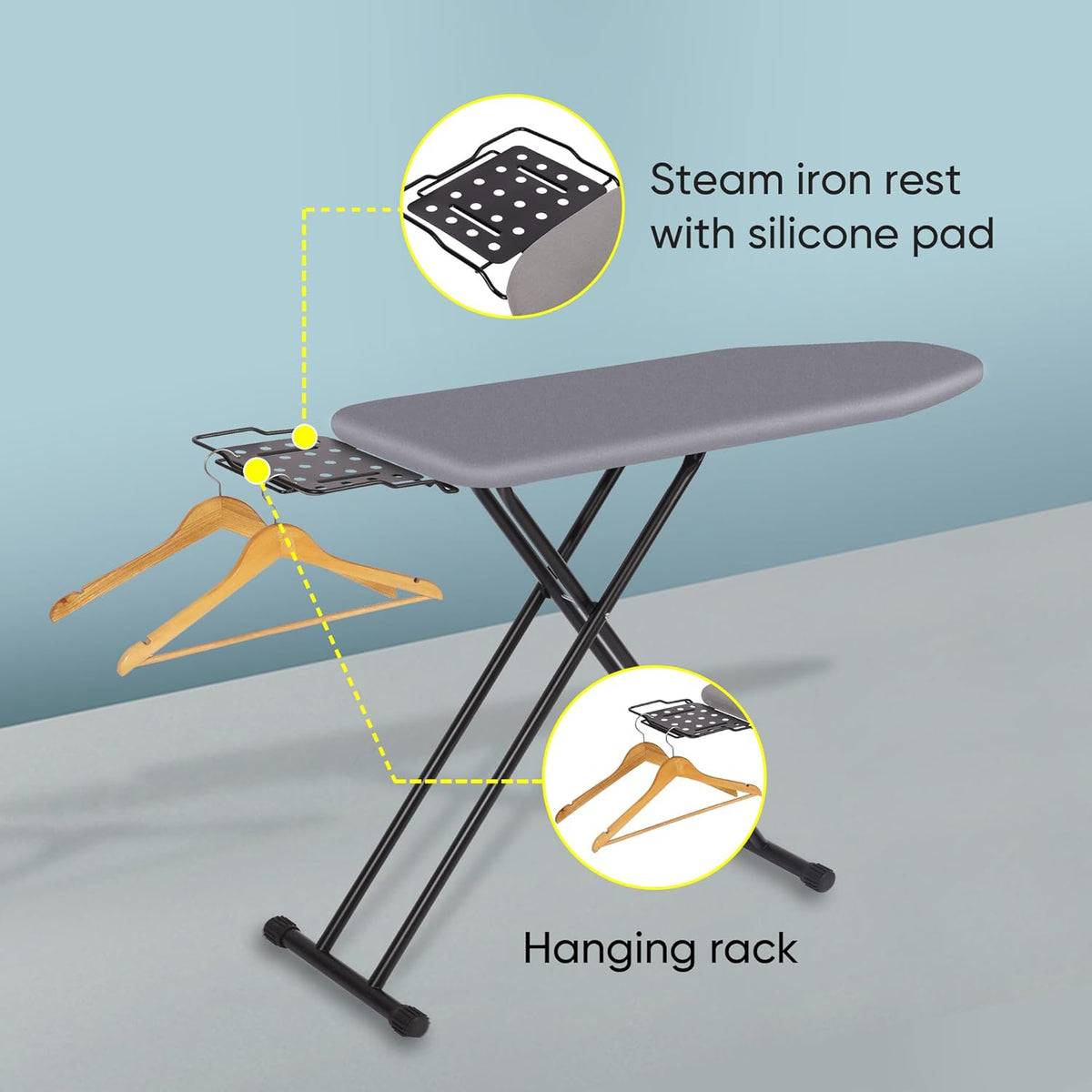 Jakeefud Deluxe Ironing Board with Heat Resistant Cover and Thicken Felt Pad, Heavy Sturdy Legs,Full Size Hanger Iron Board,Foldable (L-Grey)
