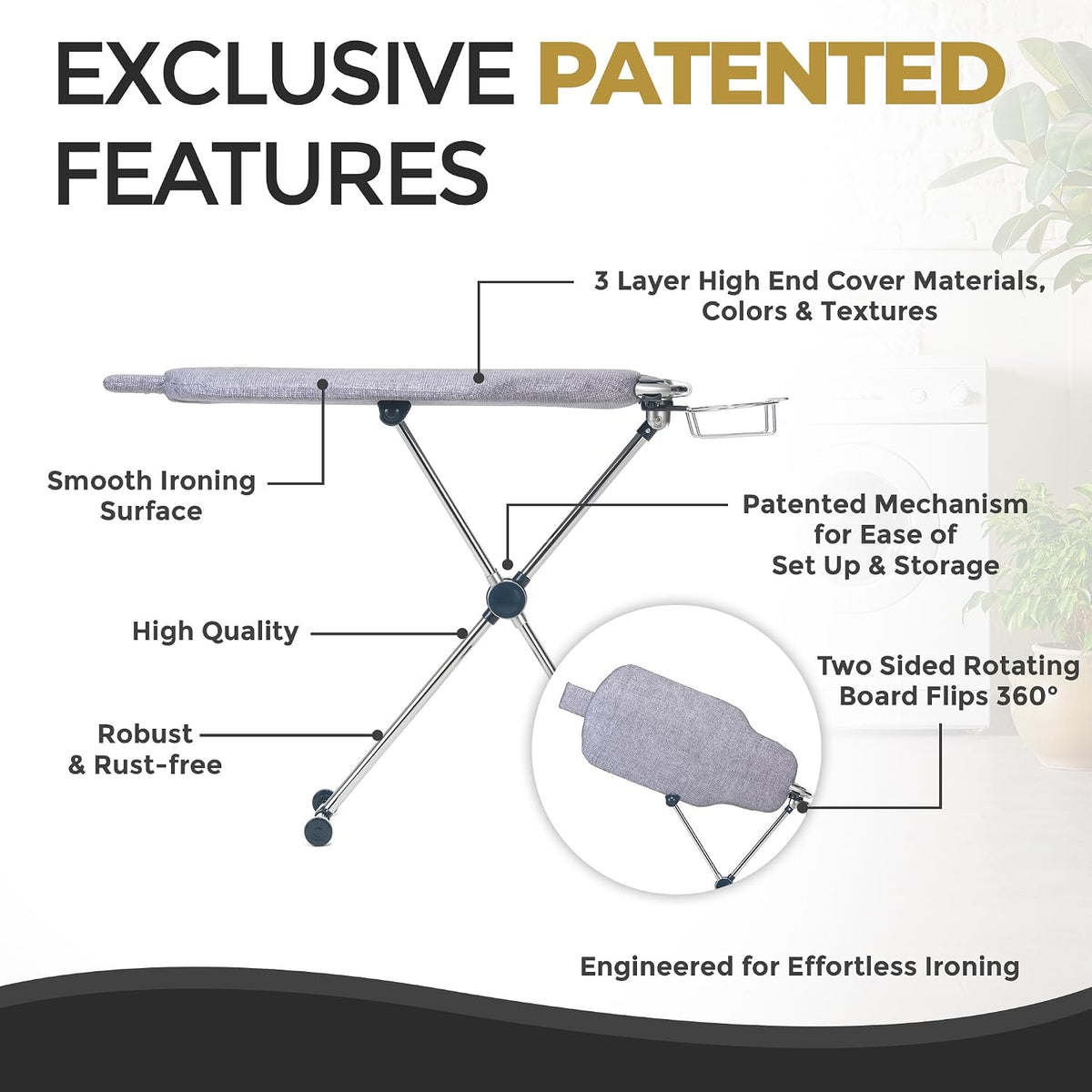 Dazzl 360° Dual-Sided Iron Board - Torso-Shaped Ironing Board Full Size with 8-Level Adjustable Height, Rotatable & Detachable Iron Holder, Garment Clips - HDPE Heat-Resistant Surface