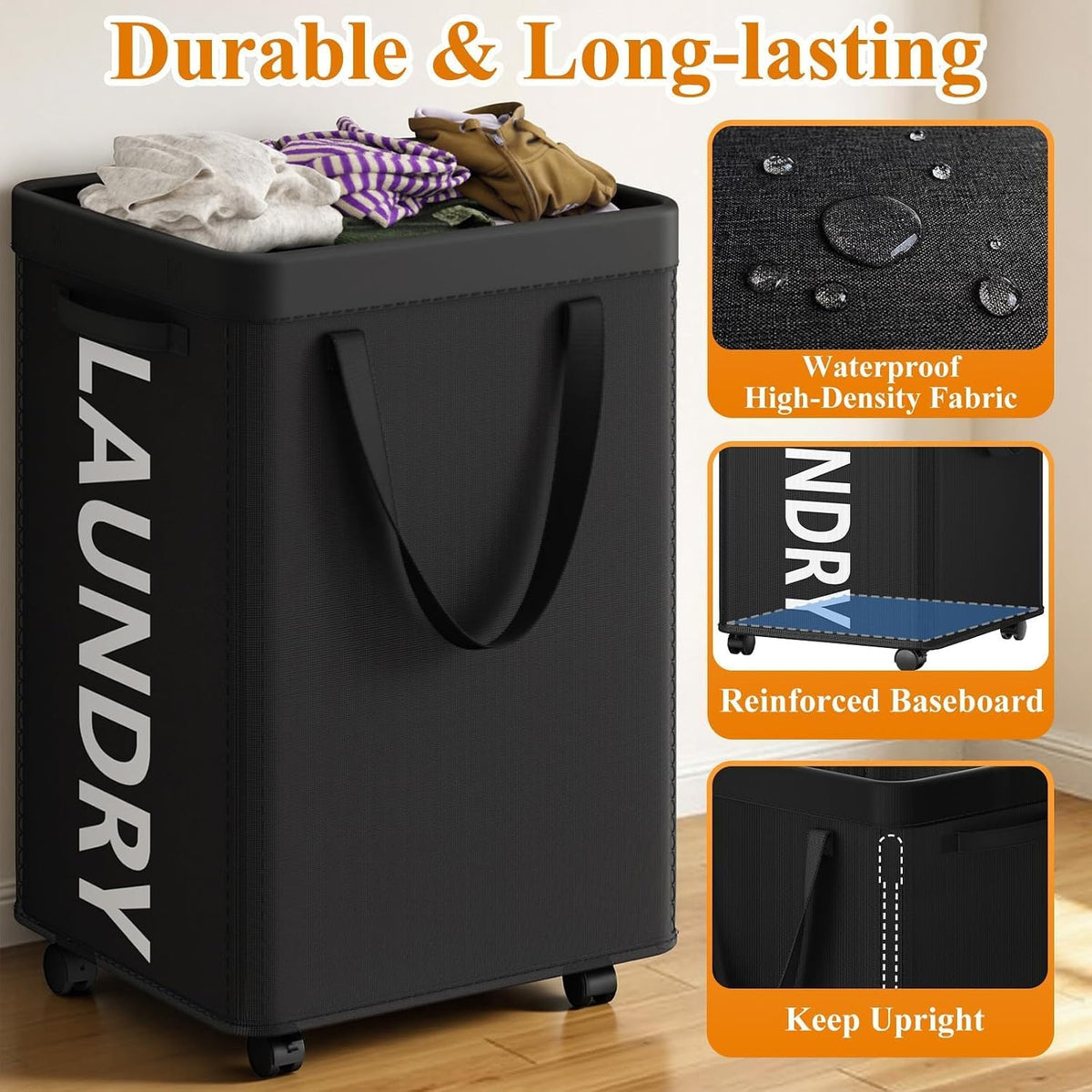 Optish 90L Laundry Basket with Wheels, Rolling Hamper with Removable Bag