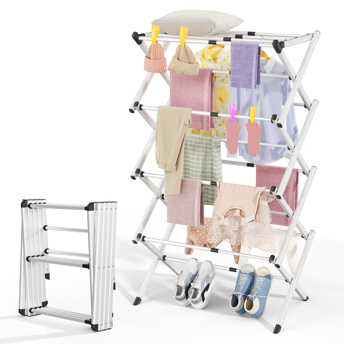 Foldable Clothes Drying Rack - 3-Tier Laundry Drying Rack, Collapsible Metal Indoor Airer, Portable X-Type Clothing Dryer with Shoe Hanger for Home & Balcony (No Assembly Required)