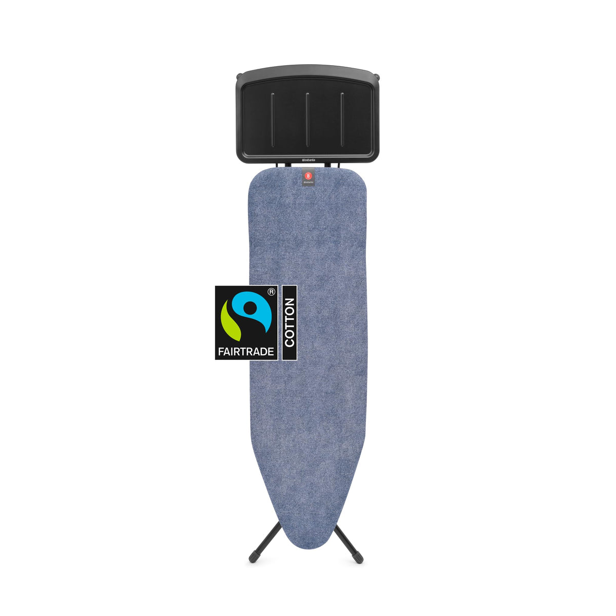 Brabantia Comfort Ironing Board with Solid Steam Iron Rest | Medium (Size B) | Fairtrade Denim Black Cover | Adjustable Height (27-38"), Easy Fold, Anti-Collapse Lock, Non-Slip Feet