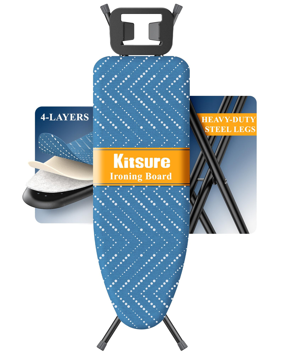 Kitsure Folding Ironing Board - Height Adjustable Iron Board in Full Size, Wobble-Free & Heavy-Duty Ironing Board with Cover and Pad for Heat Resistance, Grey, 43" L x 13" W x 35.8" H