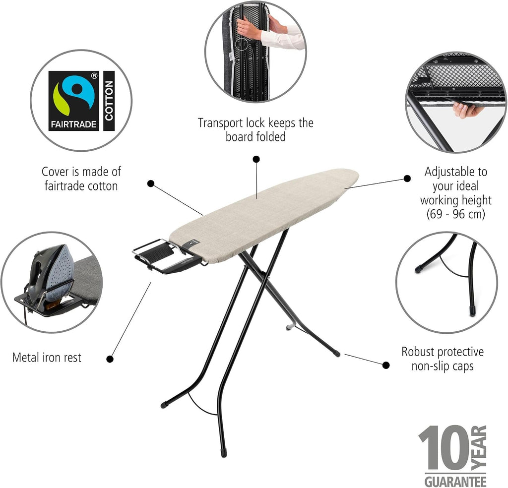 Brabantia Compact Ironing Board with Left/Right Adjustable Steam Iron Rest | Small (Size A) | Fairtrade Denim Gray Cover | Adjustable Height (27-38"), Easy Fold, Anti-Collapse Lock, Non-Slip Feet