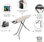 Brabantia Compact Ironing Board with Left/Right Adjustable Steam Iron Rest | Small (Size A) | Fairtrade Denim Gray Cover | Adjustable Height (27-38"), Easy Fold, Anti-Collapse Lock, Non-Slip Feet