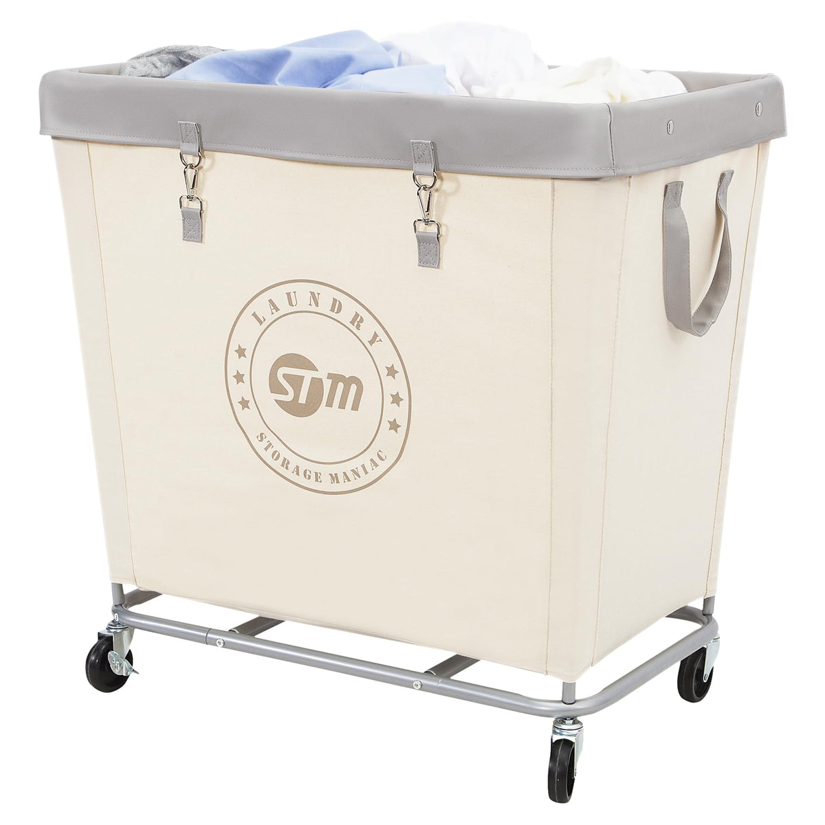 STORAGE MANIAC Commercial Laundry Hamper with Heavy Duty Steel Frame, 160 L Industrial Clothes Basket Cart with Wheels for Big Family, Home, Hotel, Laundry Room, 18''L x 18''W x 31''H, Medium Beige