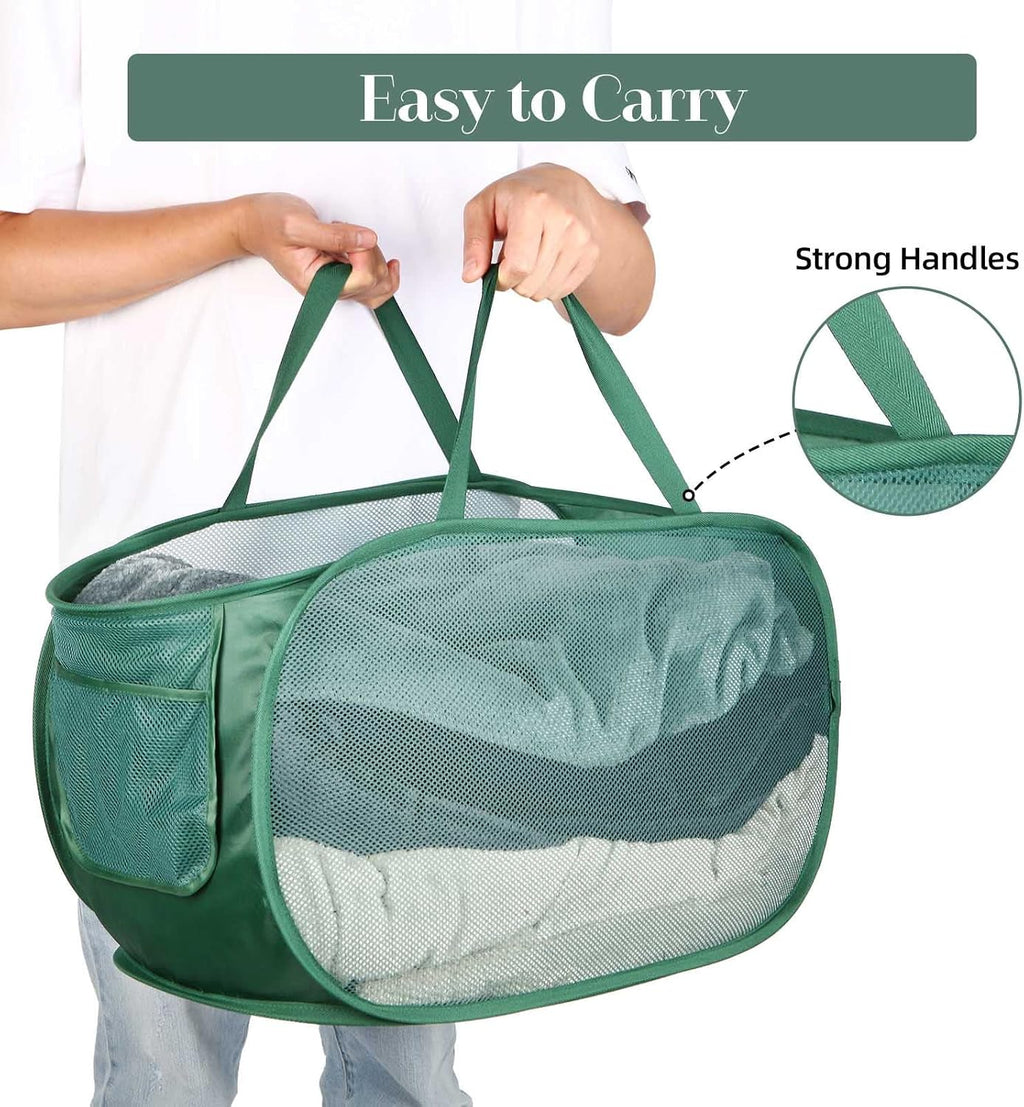 Sturdy Mesh Pop Up Laundry Hamper, Collapsible Laundry Baskets with Side Pocket, Foldable Clothes Hamper with Reinforced Carry Handles for Laundry, Bathroom, Kids Room, Dorm or Travel 2 Pack Emerald