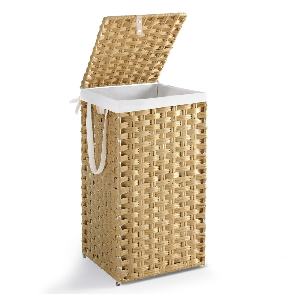 DUMOS Woven Laundry Basket with Lid, 90L Large Capacity Hamper, Removable & Machine-Washable Liner, Foldable Rattan Clothes Hamper, Sturdy Steel Frame, Odor Control, Goose Yellow