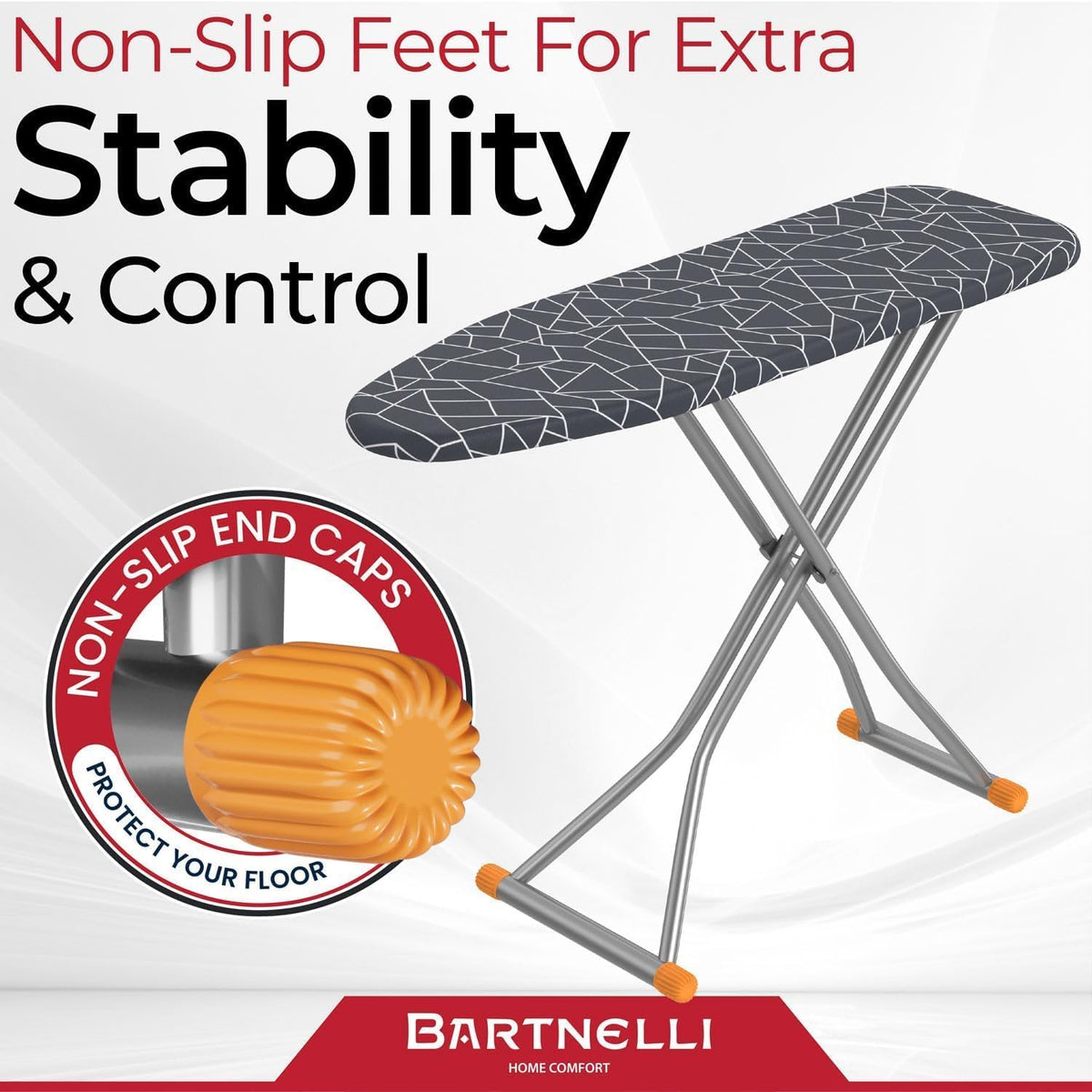 Bartnelli Compact Ironing Board, 13x43 Space-Saving Steel Foldable Iron Board, 4 Layer Cotton Cover, Adjustable Height, Bonus Hanger and Silicone Iron Pad
