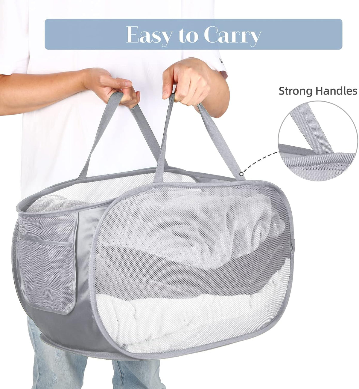 4 Pack Durable Collapsible Laundry Baskets, Mesh Foldable Laundry Basket, Pop Up Laundry Hamper with Pocket, Clothes Hamper with Reinforced Handles for Laundry, Bathroom, Kids Room, Dorm or Travel