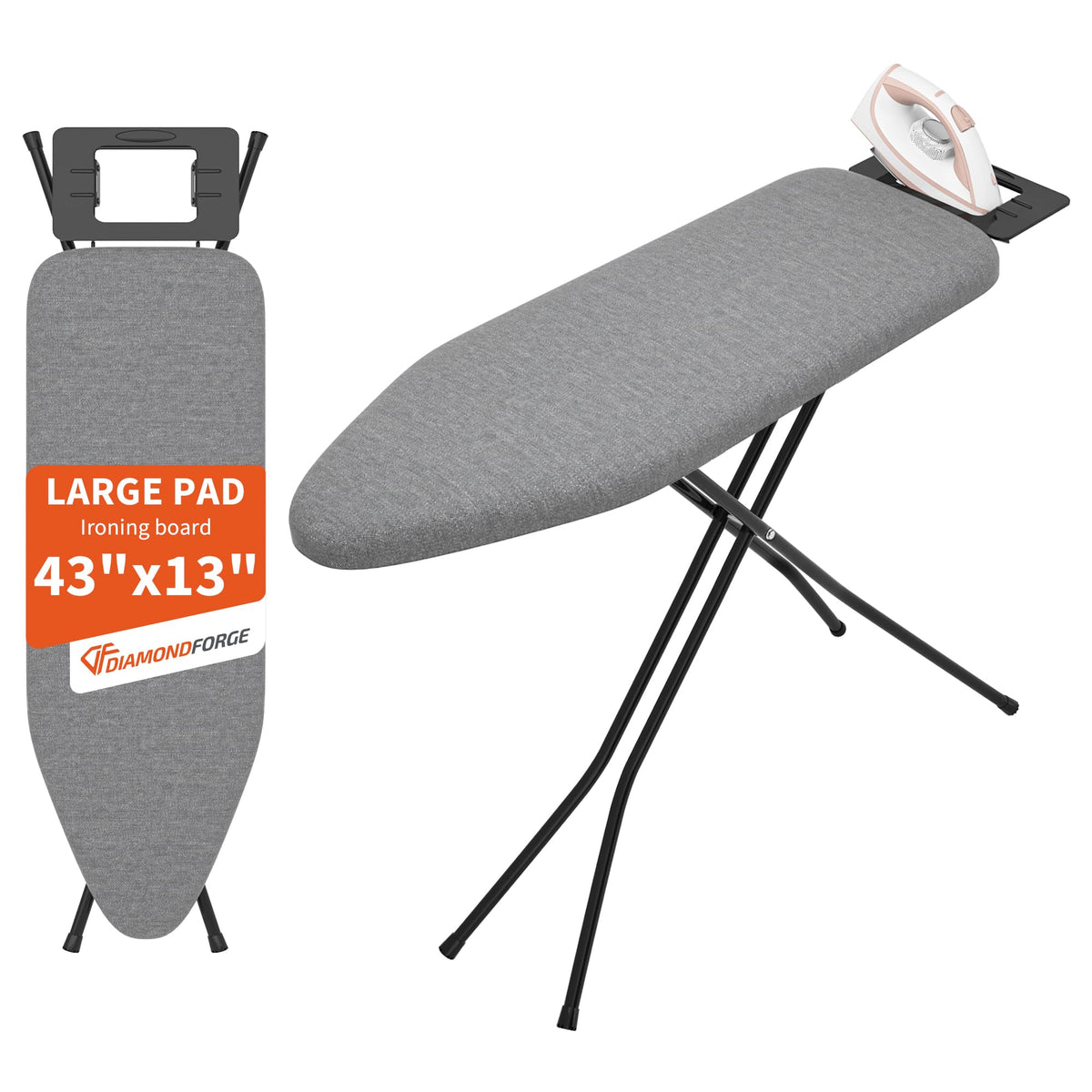 Ironing Board, 43"×13" with Iron Rest, 4 Layer & 7 Adjustable Height Sturdy