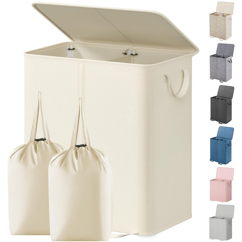 Lifewit Double Laundry Hamper with Lid, Removable Laundry Bags, Beige