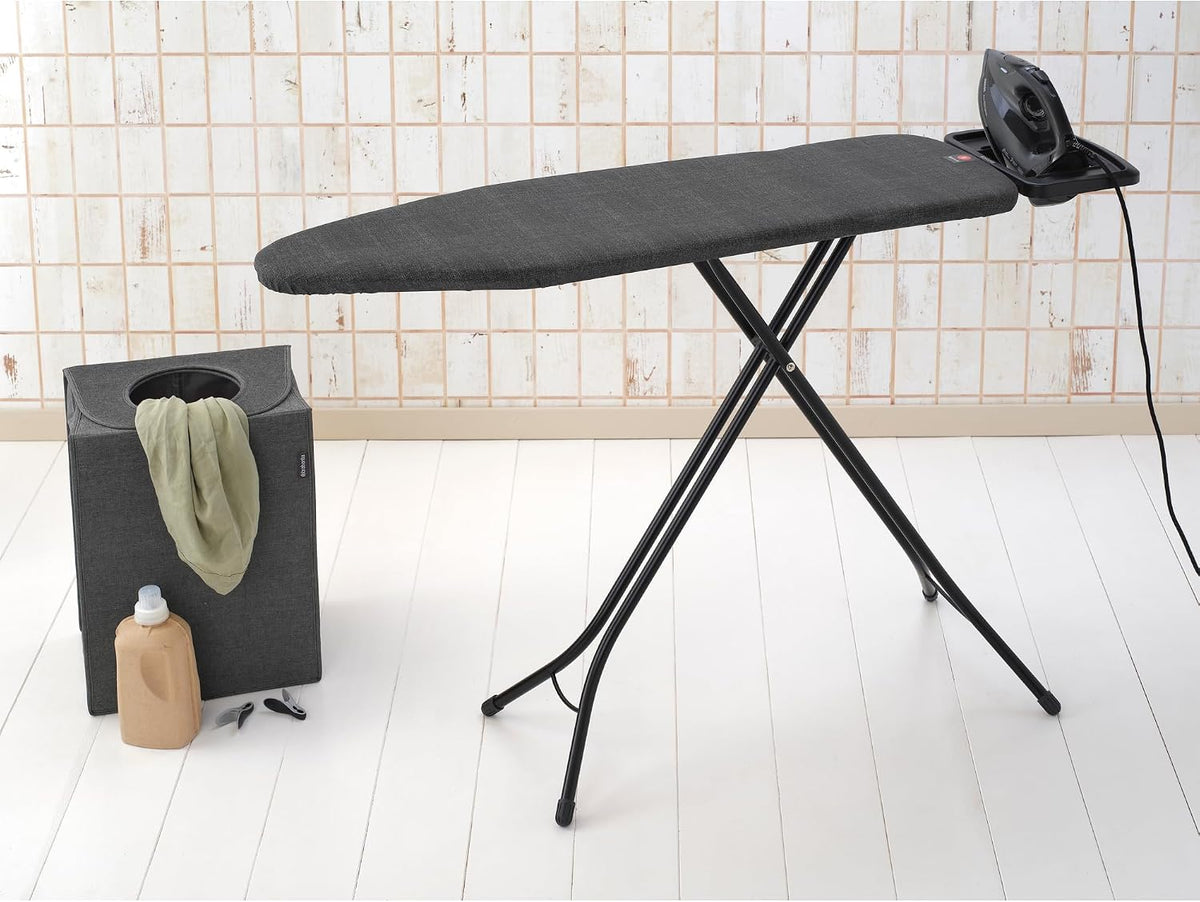 Brabantia Comfort Ironing Board with Solid Steam Iron Rest | Medium (Size B) | Fairtrade Denim Black Cover | Adjustable Height (27-38"), Easy Fold, Anti-Collapse Lock, Non-Slip Feet