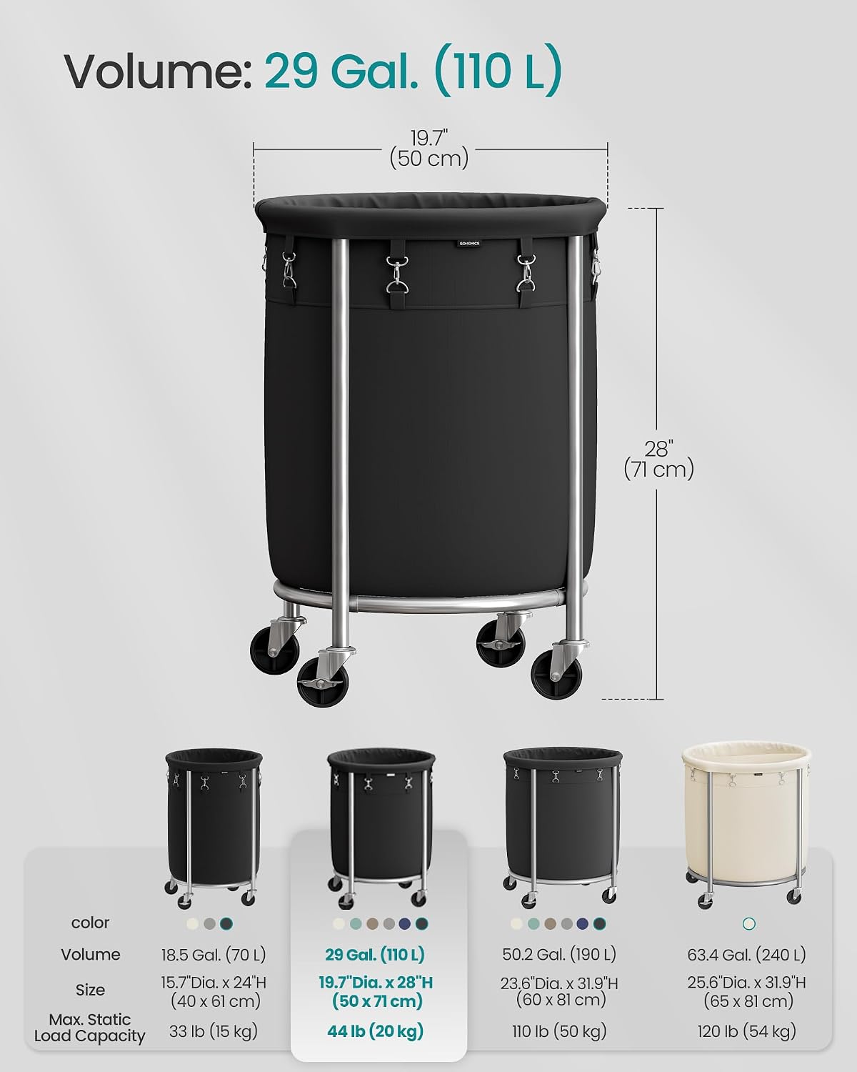 SONGMICS Laundry Basket with Wheels, 110L, Steel Frame, Removable Bag