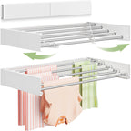 Vikaqi Wall Mounted Clothes Drying Rack 40 inches, Foldable Wall Mount Laundry Rack Folding Indoor, Drying Rack Clothing Collapsible, Hidden Space Saver with Wall Template, 6 Rods, White