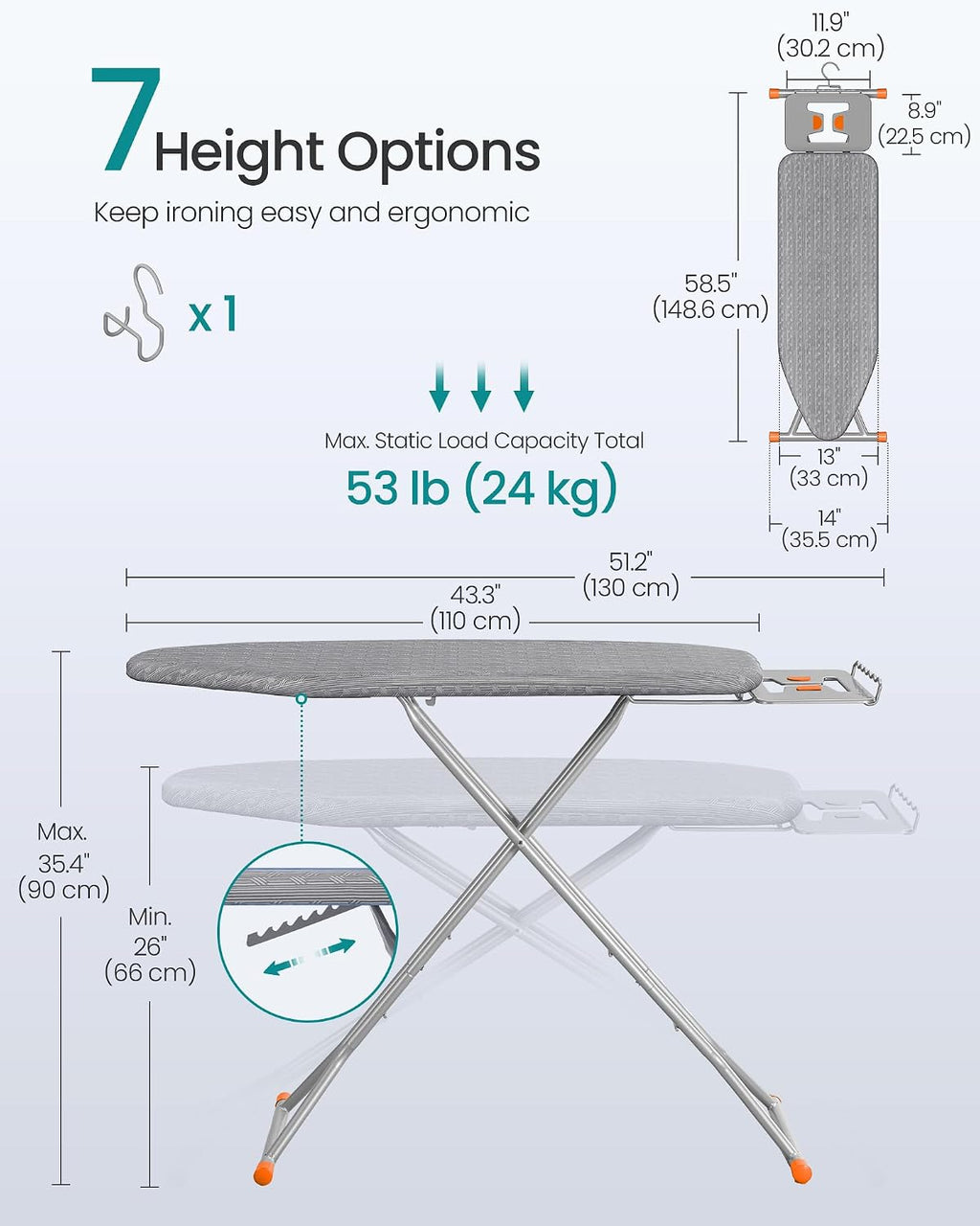 SONGMICS Ironing Board, Foldable, with Stable Iron Rest, 43 x 13 Inches