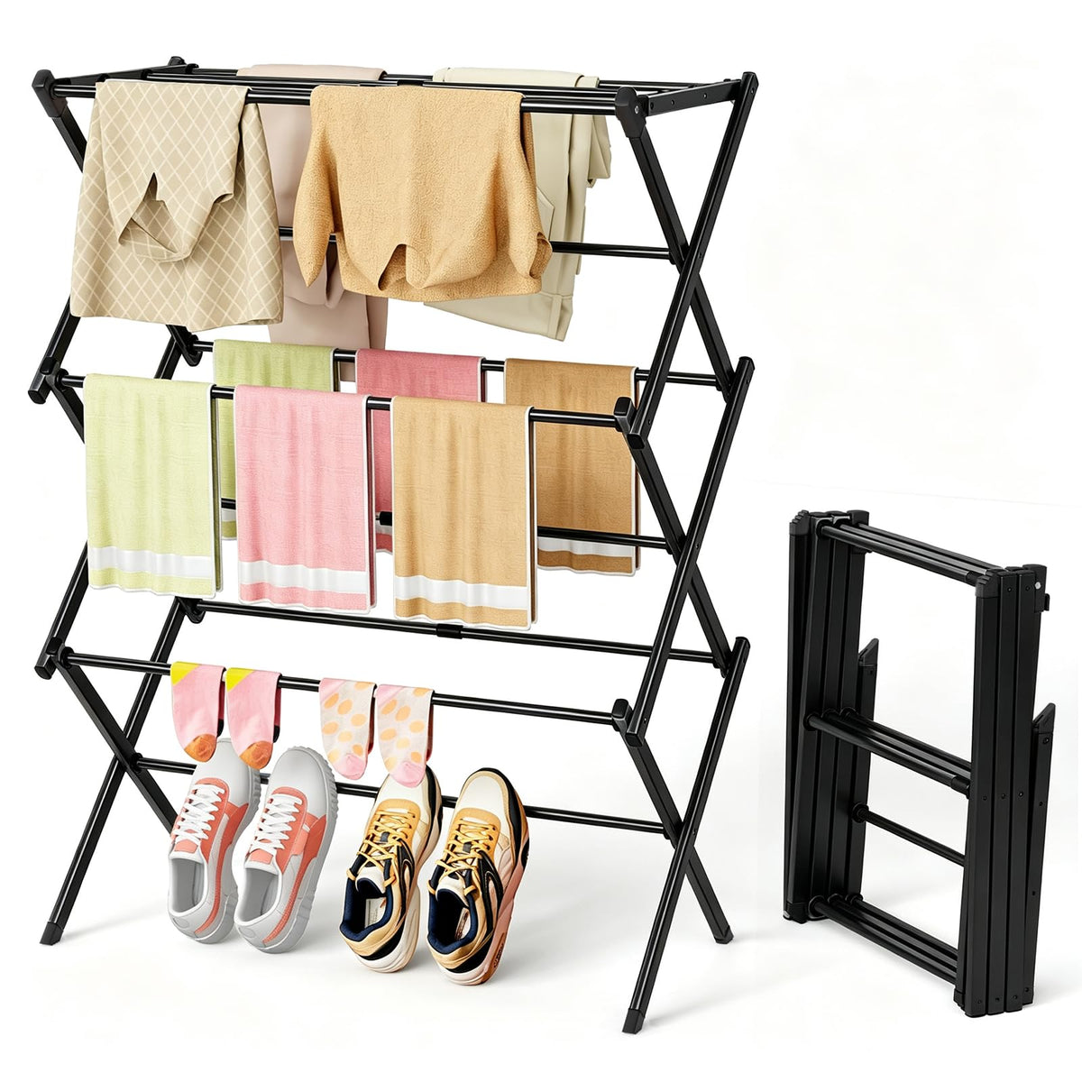 BAKON Space Saving Foldable Clothes Drying Rack, Extendable Rustproof Laundry Rack for Indoor Outdoor Use, No Assembly Required, Suitable for Bathroom Laundry Room Apartment RV, White