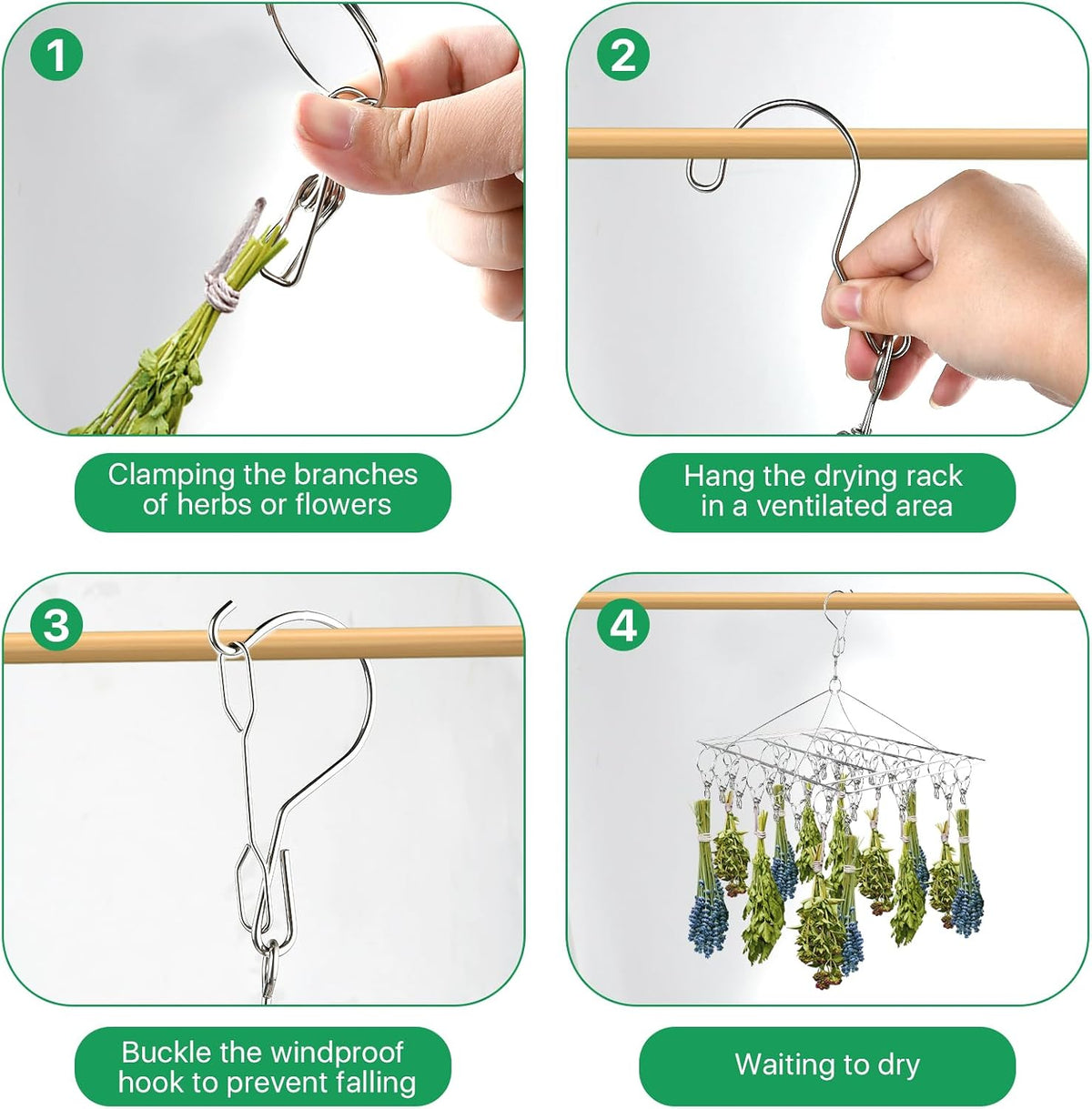Herb Drying Rack for Drying Spices, Rustproof Dryer with 30 Hooks
