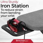 Bartnelli by Rorets Ironing Board Made in Europe | Iron Board with 4 Layered Cover & Pad, Height Adjustable up to 36" Features A Safety Iron Rest, 4 Steel Legs, for Laundry Room or Dorm Use (43x13)