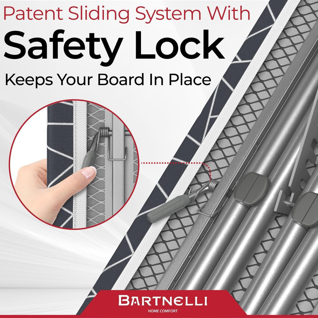 Bartnelli Compact Ironing Board, 13x43 Space-Saving Steel Foldable Iron Board, 4 Layer Cotton Cover, Adjustable Height, Bonus Hanger and Silicone Iron Pad