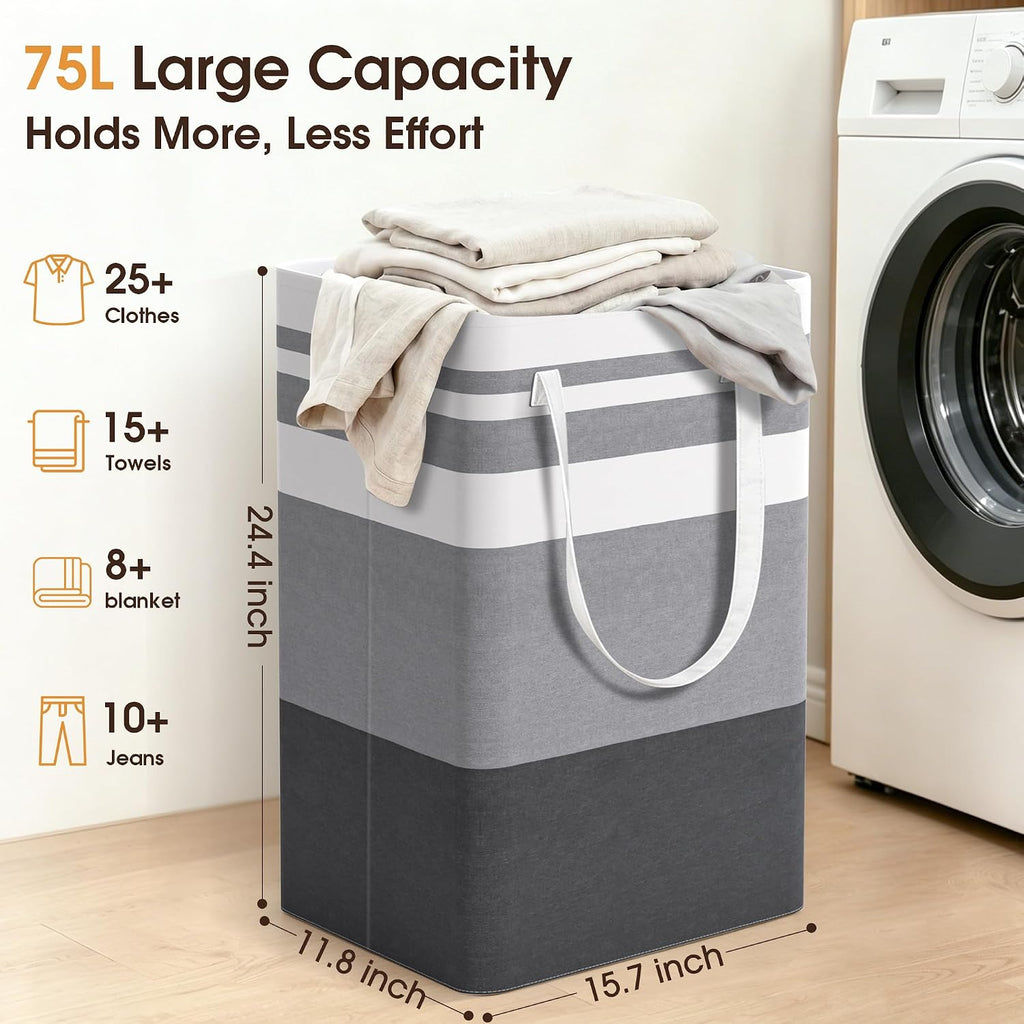 HomeHacks 2 Pack Large Laundry Baskets, Laundry Hampers Bags (Grey 75Lx2)