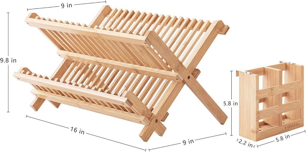HBlife Dish Rack, Bamboo Folding 2-Tier Collapsible Drainer Dish Drying Rack with Utensils Flatware Holder Set (Dish Rack with Utensil Holder)