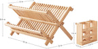 HBlife Dish Rack, Bamboo Folding 2-Tier Collapsible Drainer Dish Drying Rack with Utensils Flatware Holder Set (Dish Rack with Utensil Holder)
