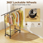 HYSEYY Double Rods Clothes Rack, Rolling Clothing Rack for Hanging Clothes Portable Wardrobe Rack, Metal Garment Rack Sturdy Coat Rack for Bedroom Laundry Living Room, Black
