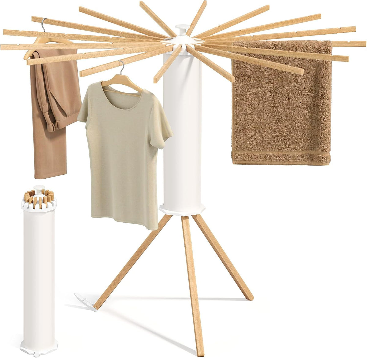 SONGMICS Clothes Drying Rack, Foldable Rotary Tripod, 16 Pull-Out Wood Arms