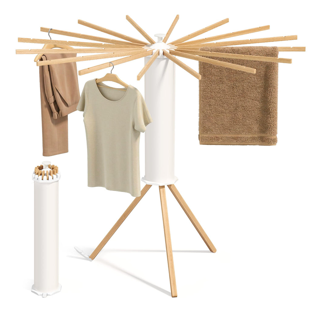 SONGMICS Clothes Drying Rack, Foldable Rotary Tripod, 16 Pull-Out Wood Arms