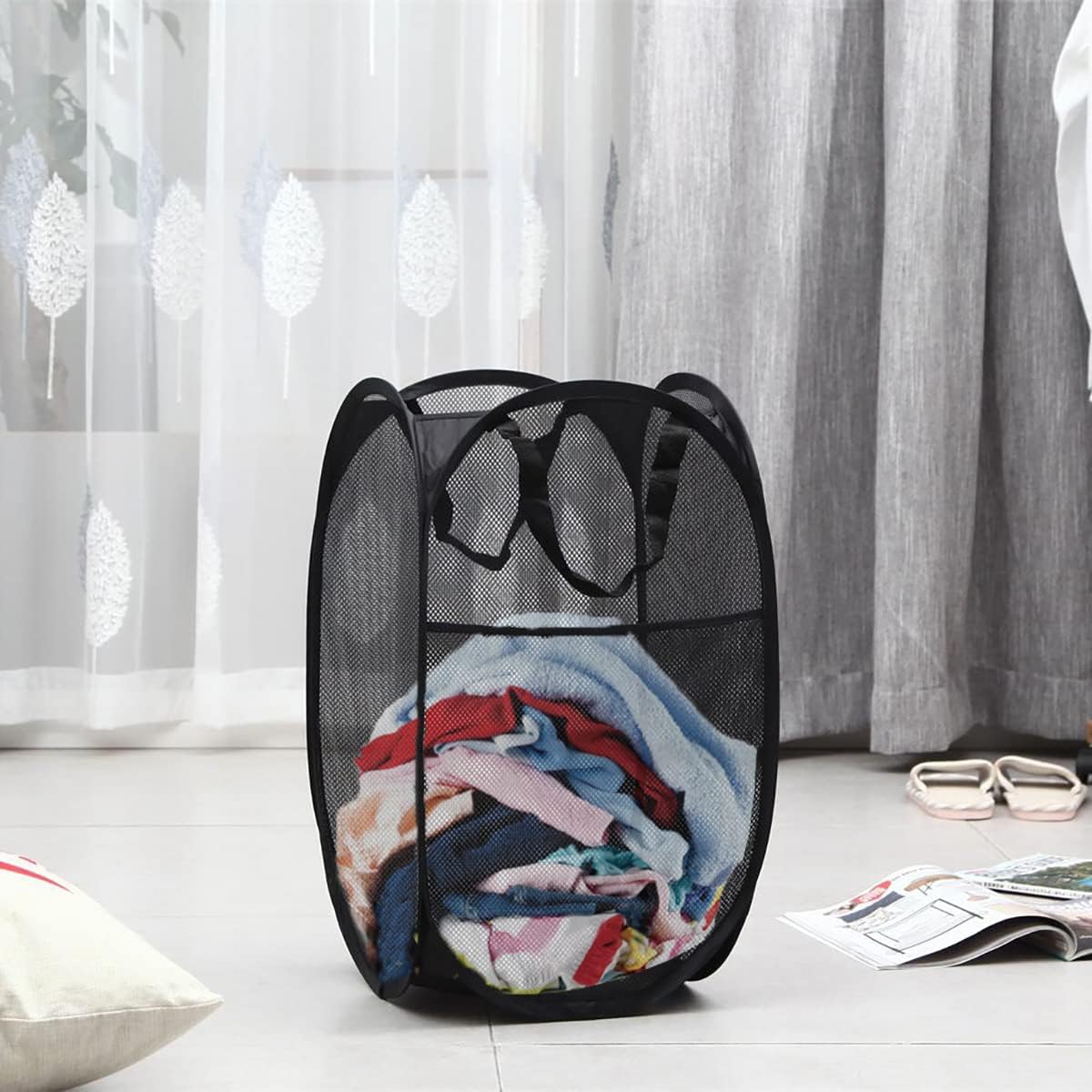2 Packs Mesh Pop up Laundry Hamper (Black/Navy Blue) with Portable Durable Handles, Collapsible for Storage, Folding Pop-Up Clothes Hampers for Apartment, Home, College Dorm or Travel