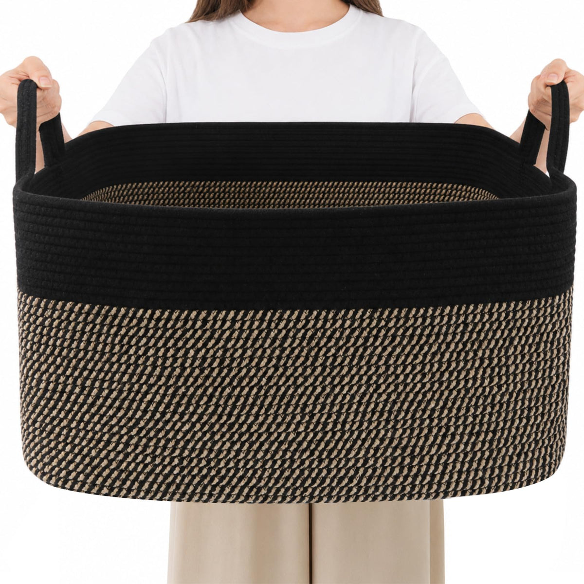 65L Laundry Basket with Handles, Woven Blanket Basket, White/Brown