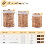Round Water Hyacinth Laundry Hamper with Lid Handwoven Wicker Basket with Handles for Dirty Clothes, Storage, and Organization Ideal for Bedroom, Bathroom, and Laundry Room, No Assembly Required, 60L