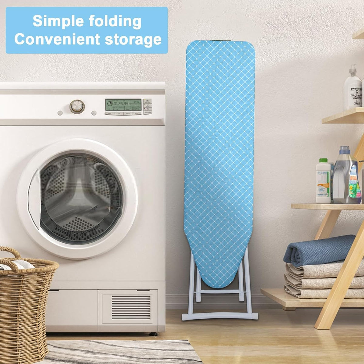 42 inch Ironing Board, Full-Size Folding Ironing Board, 4-Leg Fold-Up Household Ironing Boards, Extended Iron Boards Outside with Removable Heat-Resistant Cover Blue