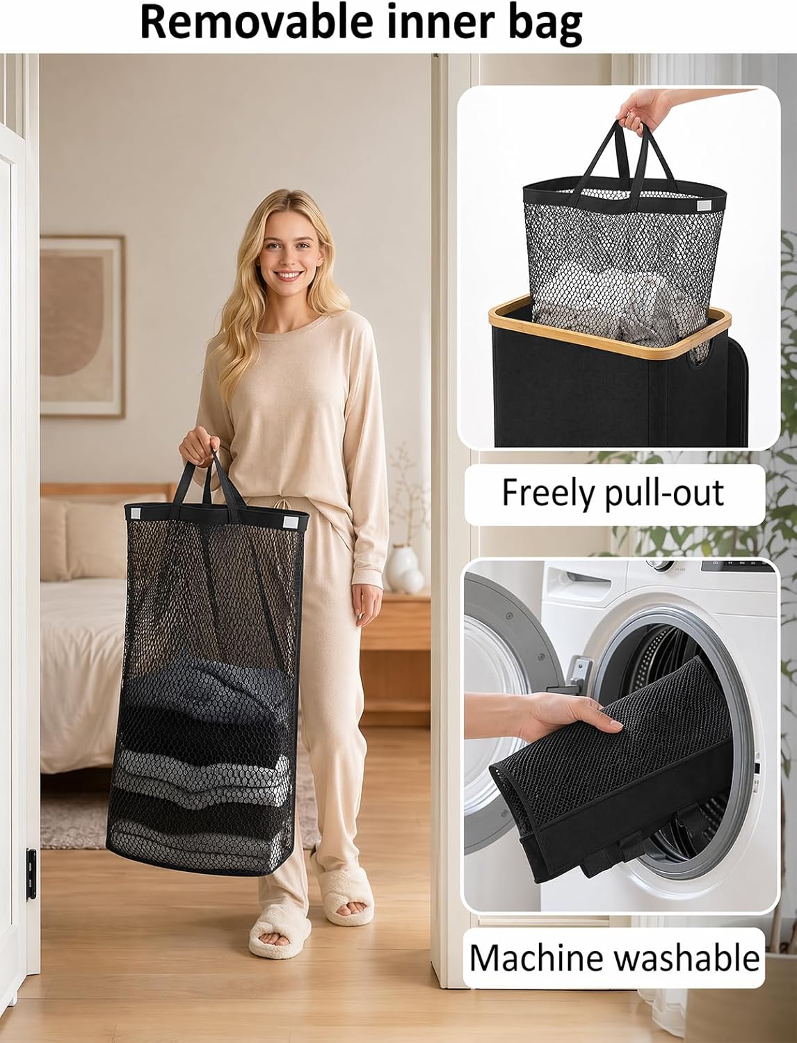 IEGrow Laundry Hamper with Lid,110L Laundry Basket with Mesh Bags,Black