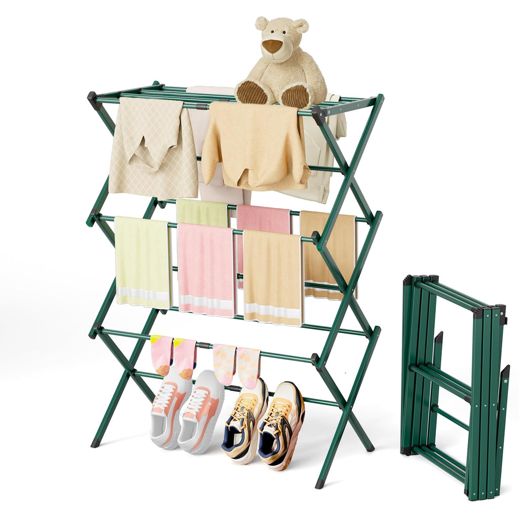 BAKON Space Saving Foldable Clothes Drying Rack, Extendable Rustproof Laundry Rack for Indoor Outdoor Use, No Assembly Required, Suitable for Bathroom Laundry Room Apartment RV, White