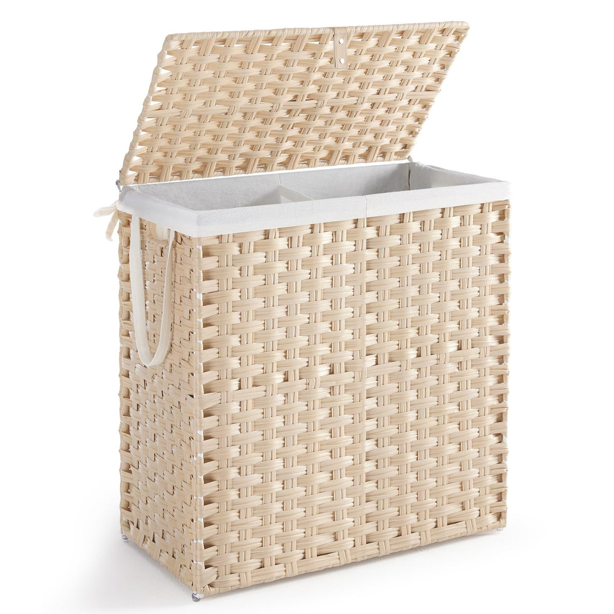 DUMOS Woven Laundry Basket with Lid, 90L Large Capacity Hamper, Removable & Machine-Washable Liner, Foldable Rattan Clothes Hamper, Sturdy Steel Frame, Odor Control, Goose Yellow