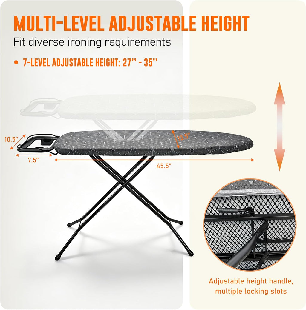 Ironing Board with Iron Rest – Full Size Foldable Board – Adjustable Height Steel Mesh Surface – Gray Padded Cotton Cover