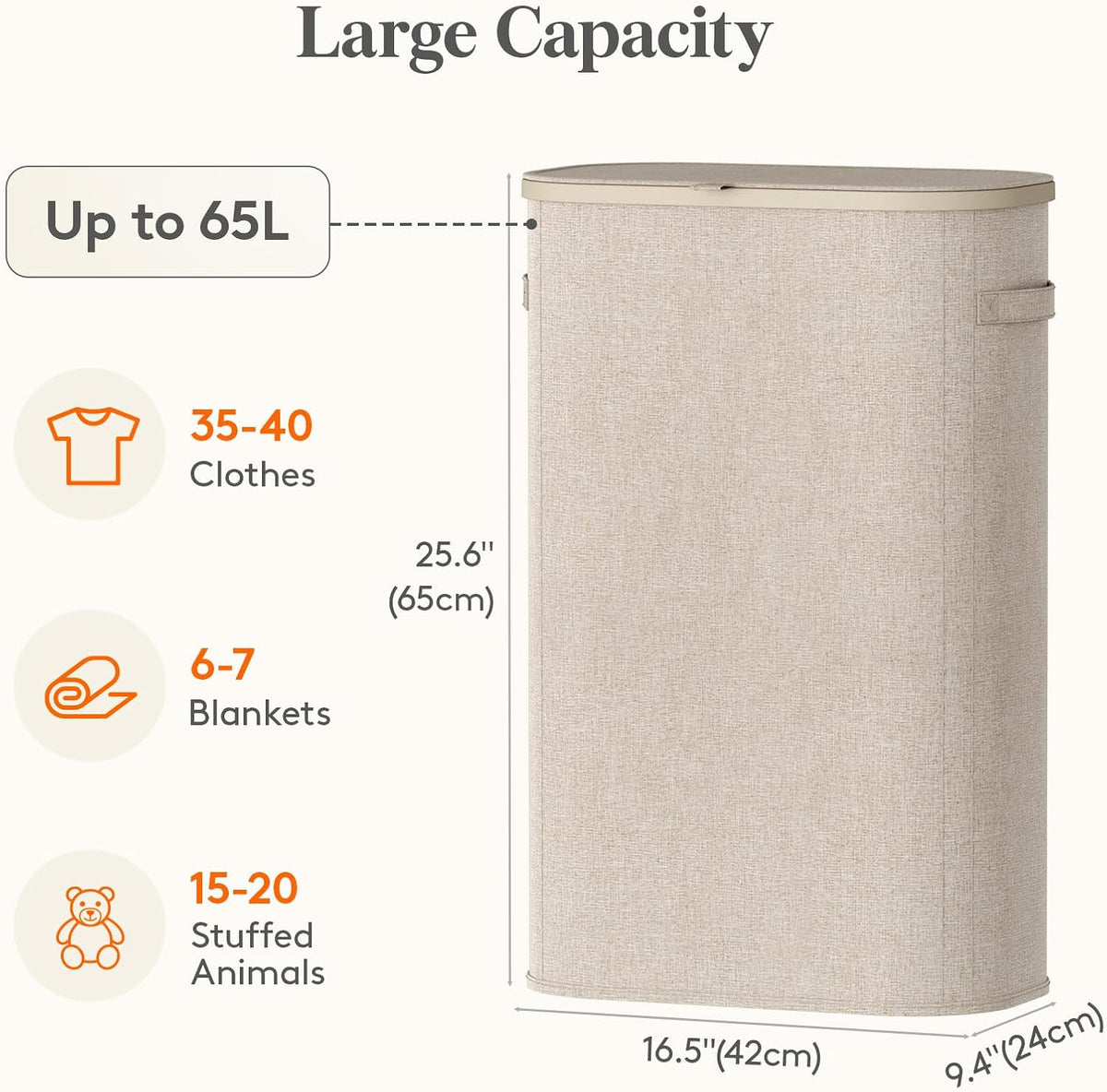 Lifewit Slim Laundry Basket with Lid and Removable Bag, 65L, Beige