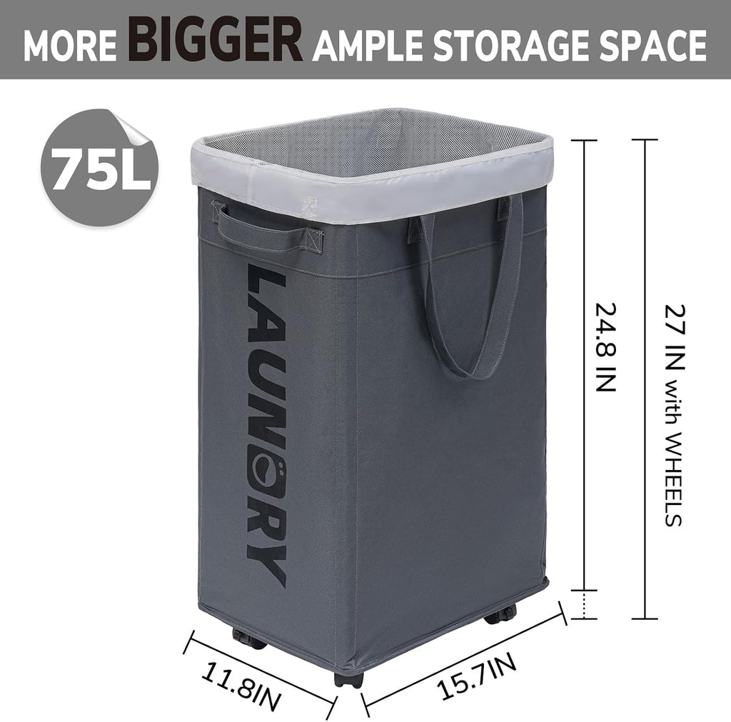 Goodpick 75L Laundry Basket with Wheels & Removable Wash Bag for Dorm