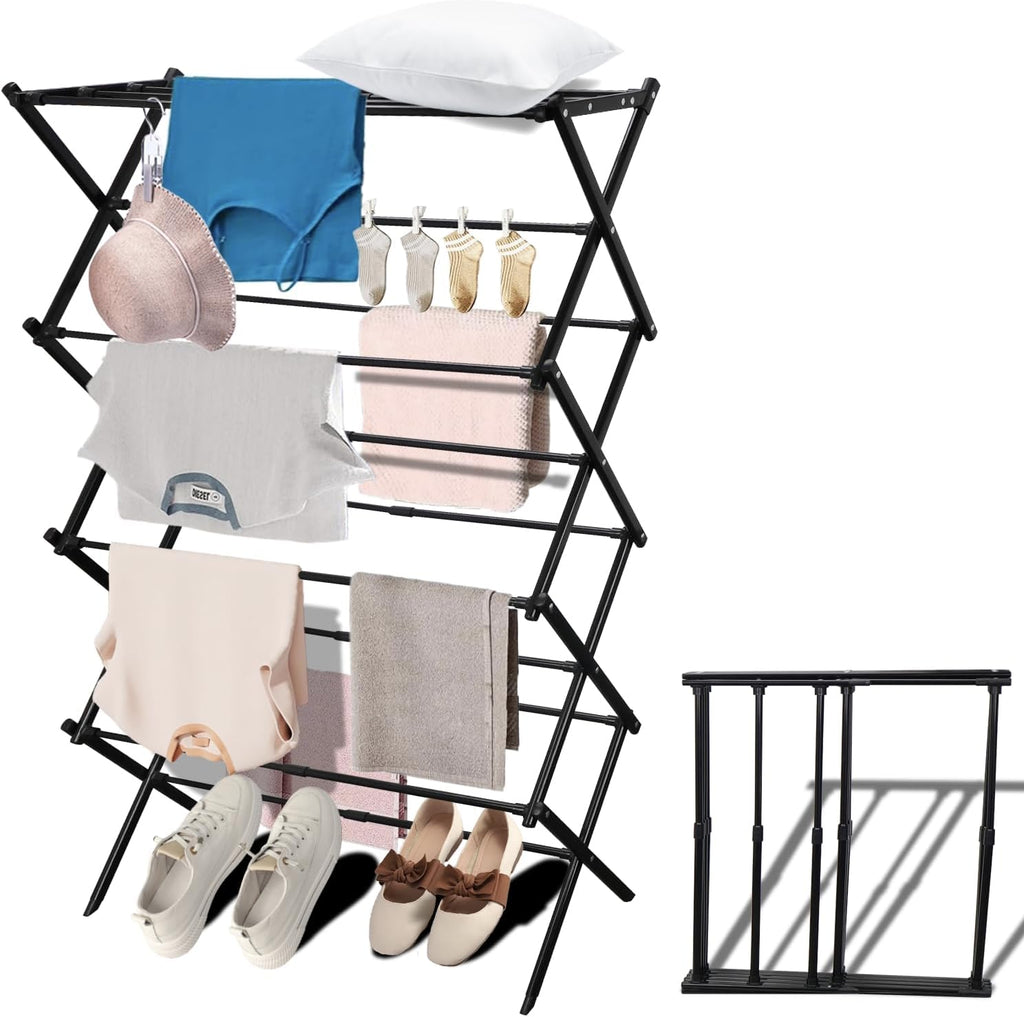 MOYEE 4-Tiers Drying Space, Foldable Clothes Drying Rack, Laundry Drying Rack, Clothes Airer, Steel Frame，Indoor Outdoor Use