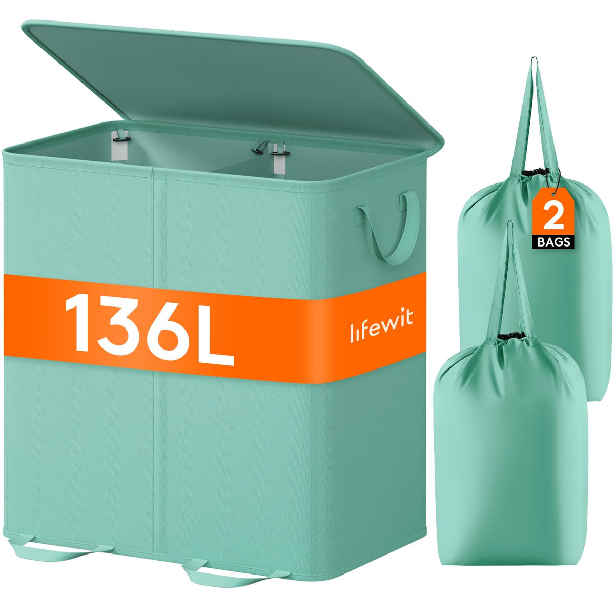 Lifewit Double Laundry Hamper with Lid, Removable Laundry Bags, Beige