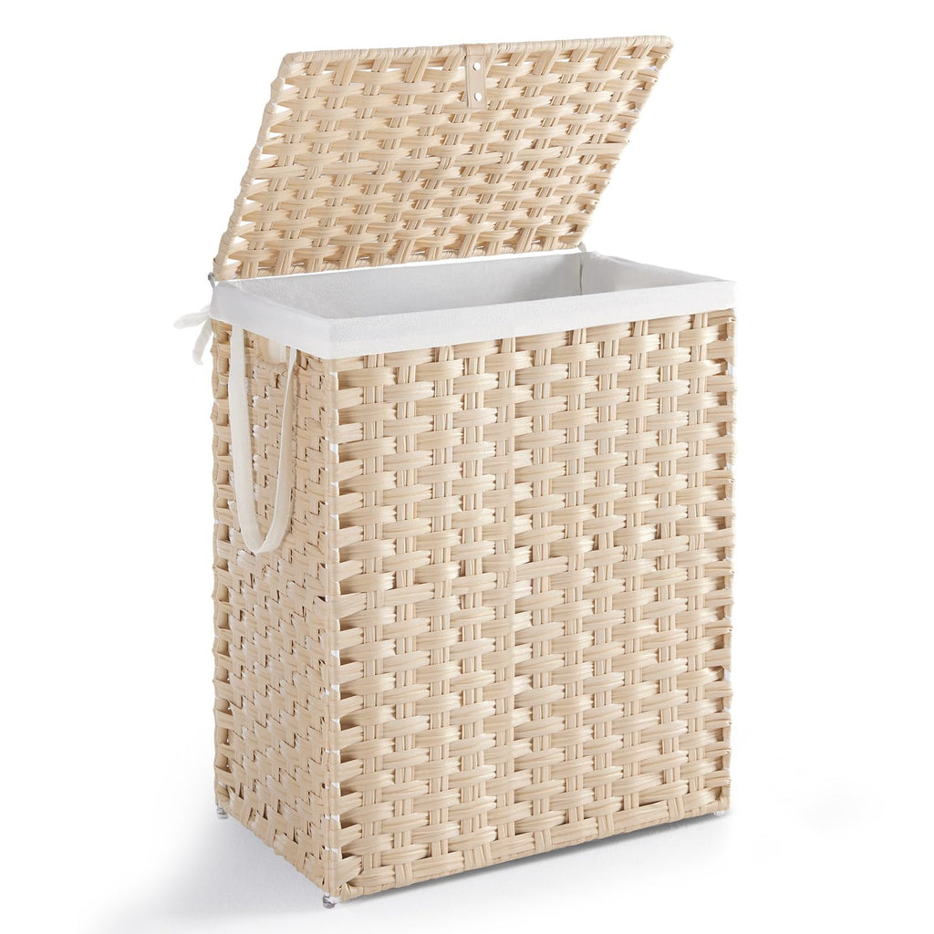 DUMOS Woven Laundry Basket with Lid, 90L Large Capacity Hamper, Removable & Machine-Washable Liner, Foldable Rattan Clothes Hamper, Sturdy Steel Frame, Odor Control, Goose Yellow