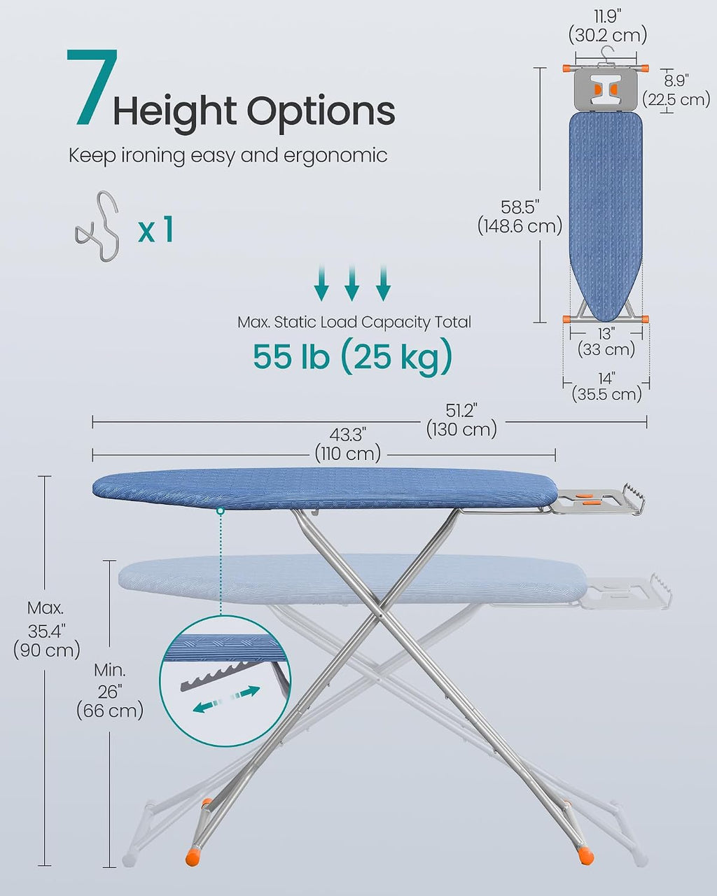 SONGMICS Ironing Board, Foldable, with Stable Iron Rest, 43 x 13 Inches