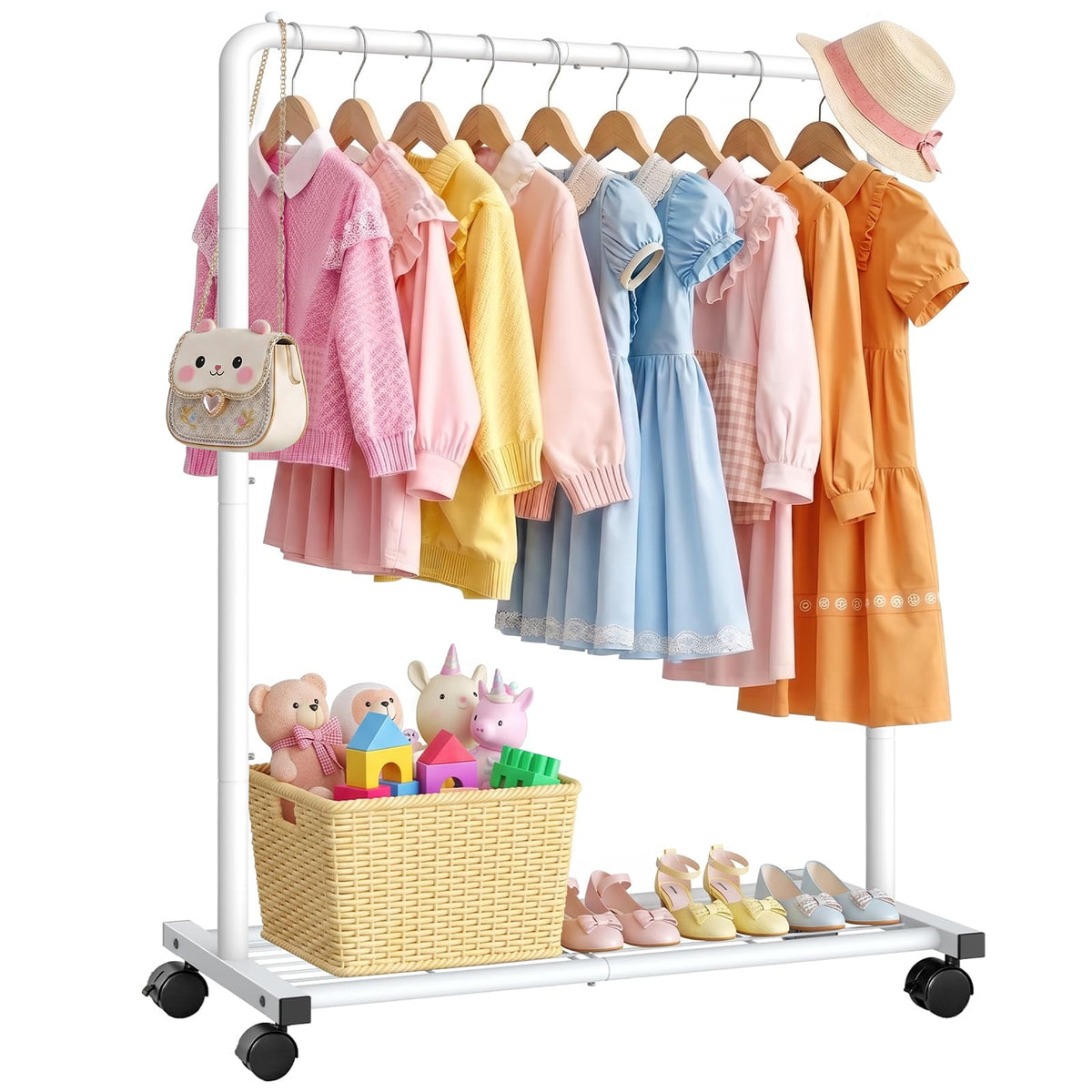 Sakugi Clothes Rack - Clothing Rack with Storage Mesh Shelf & Casters, Heavy-Duty Metal Clothing Rack for Hanging Clothes, Dresses, Coats, Large Load Capacity, Easy Assembly, Black, 28.0"x16.9"x59.0"