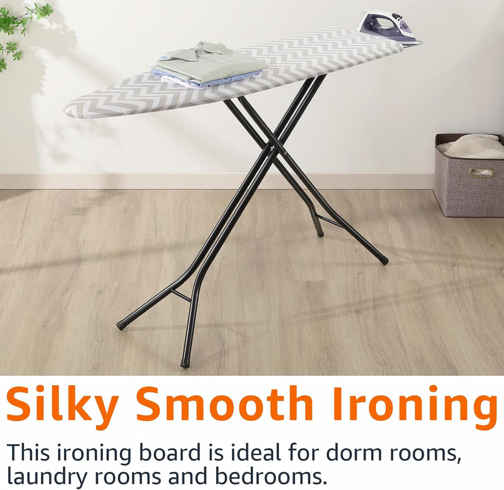 Amazon Basics Height Adjustable Full-Size Foldable Ironing Board, 4-Leg Fold-Up, Chevron Removable Cover, 60" x 14" x 38"